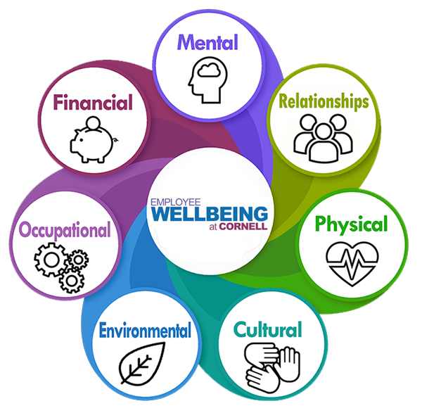 Spiraling circles representing the seven dimensions of Employee Wellbeing at Cornell