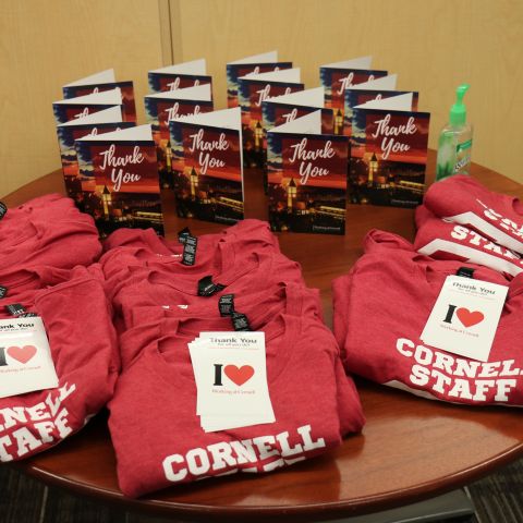 table loaded with tshirts, stickers, cards